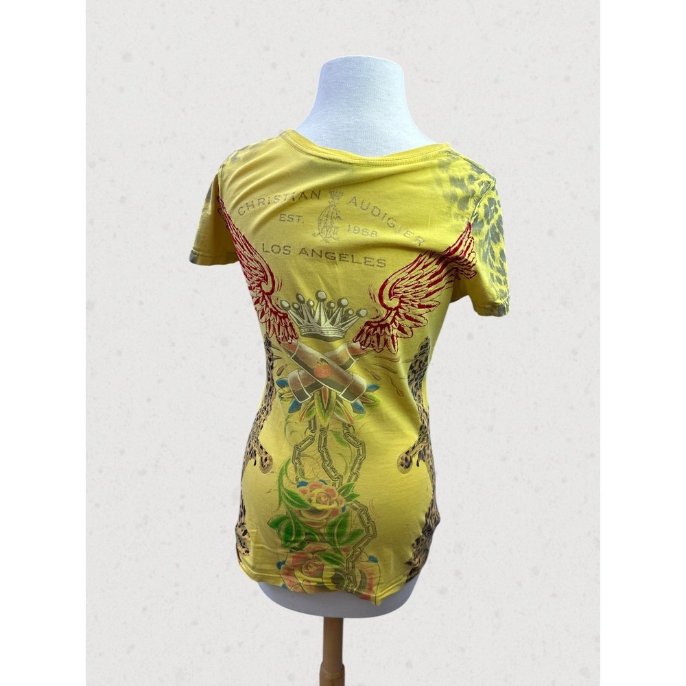 Christian Audigier Y2K Graphic Tee Leopard Crown Wings Yellow Top M Tattoo Art - Picture 7 of 16